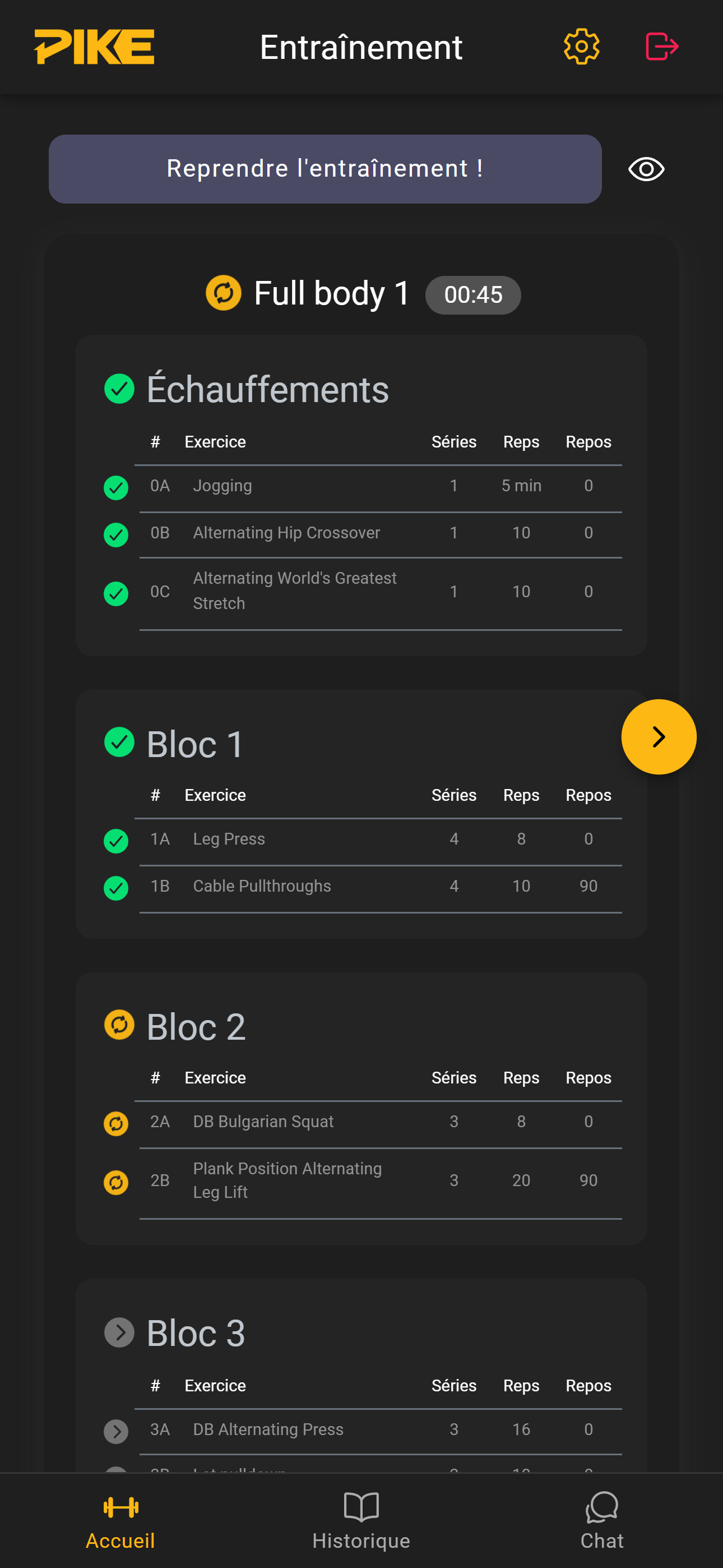 Plateforme PIKE - Plans d'entraînement